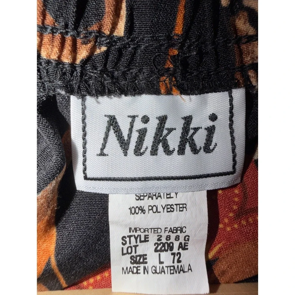 VTG Nikki Women Floral Scroll Print Midi Skirt Black Orange Elastic Waist‎ L